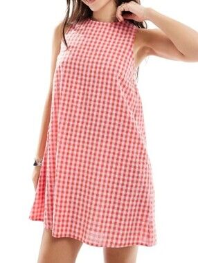 Pieces Seersucker Tie Back Mini Dress in Red and Pink Gingham